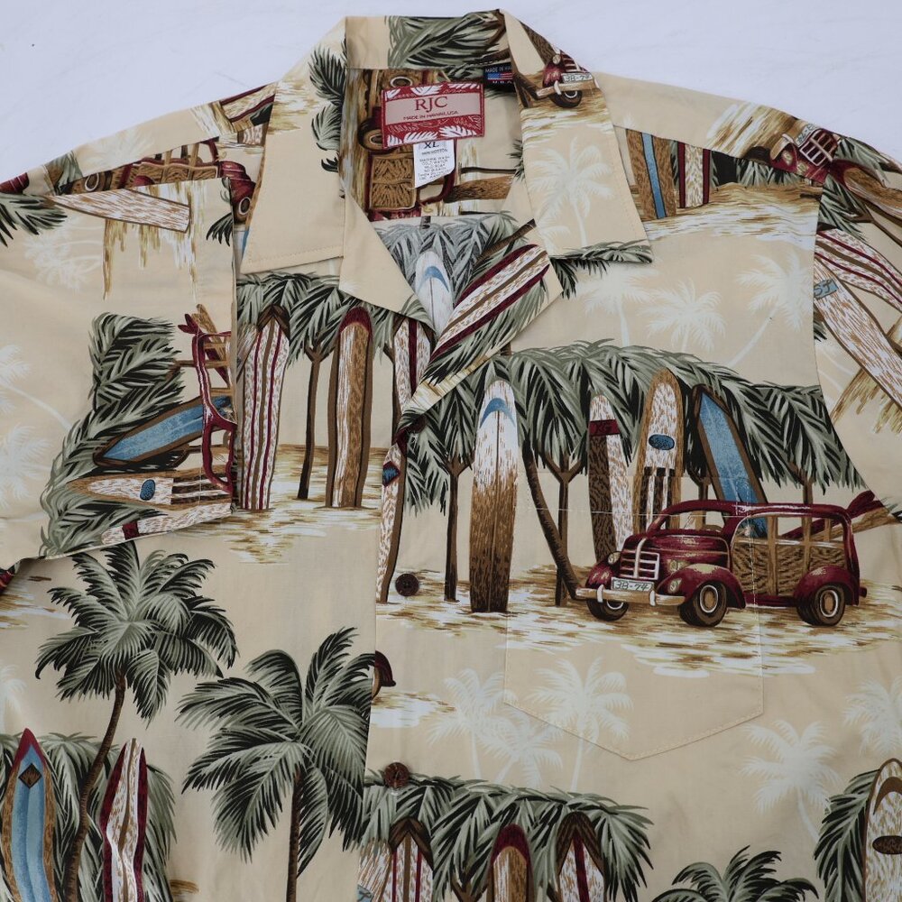 VTG RJC Hawaiian Shirt Men XL Palm Surfboard Woody Car Print Cotton Short Sleeve